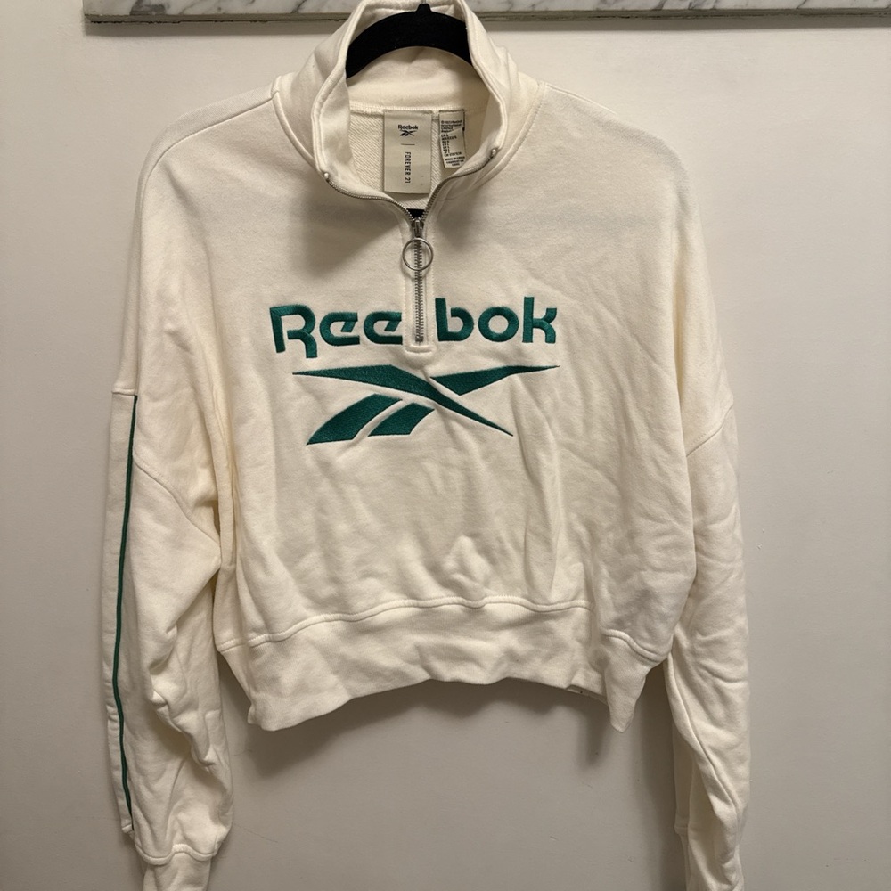 Reebok White and Green Quarter Zip Sweatshirt
